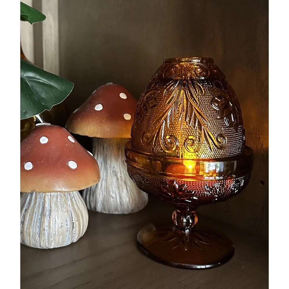 Vintage Indiana Glass Tiara Amber Sandwich Fairy Lamp Candle Holder Cottagecore